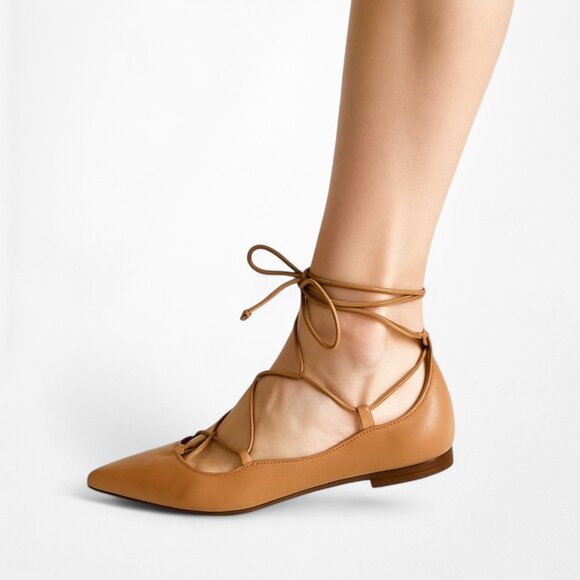 Zara Nude Beige Brown Goat Leather Lace Up Ballet Flats Size 6 - Picture 2 of 10